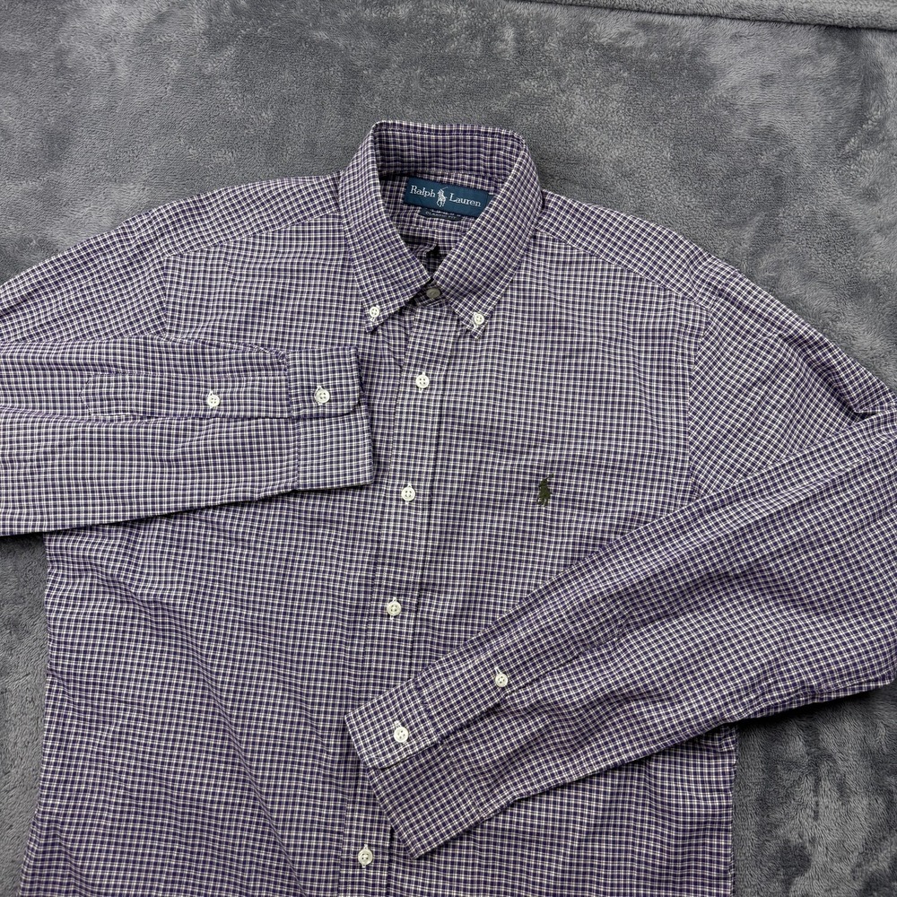 VTG Ralph Lauren Button Down Shirt Mens M Purple Gingham Classic Fit Long Sleeve